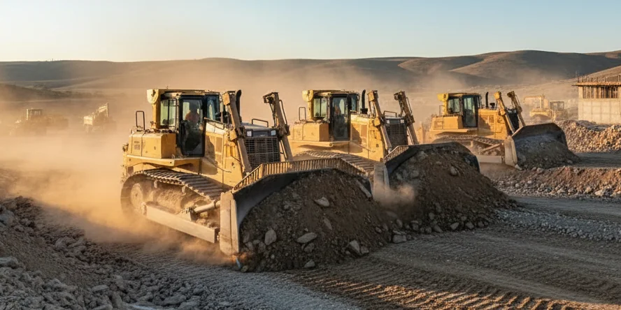 Dressta heavy bulldozers on a construction site - crawler dozers at work