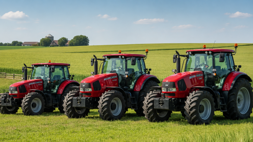 Deutz Fahr red tractors in a green agricultural field in Egypt
