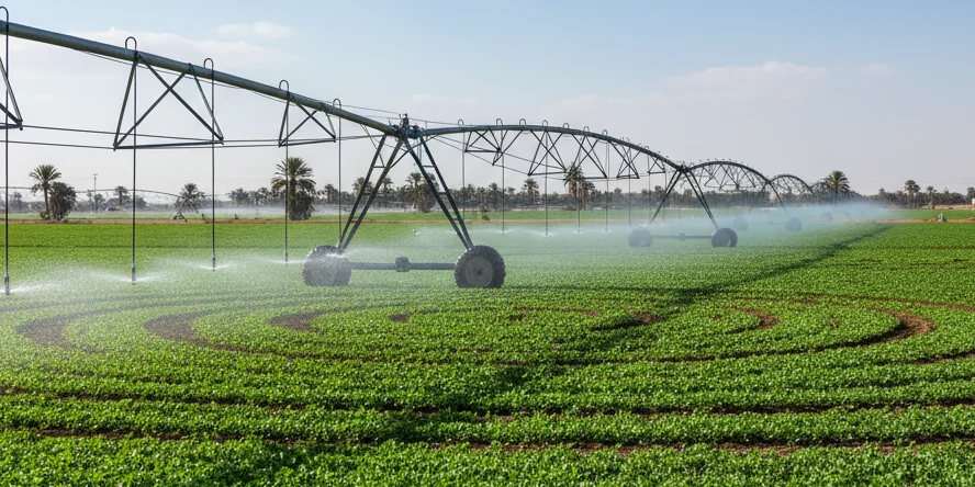 Modern SMI irrigation system watering a green agricultural field in Egypt