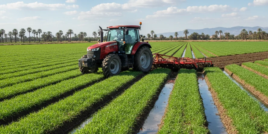Modern farm tractor working in a green agricultural field in Egypt