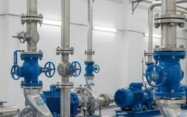 Caprari surface pump installation with blue industrial pumps and piping