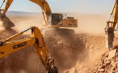 Kobelco hydraulic excavators on a construction site in Egypt