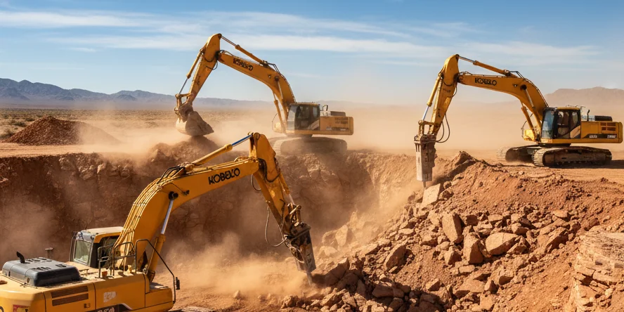 Kobelco hydraulic excavators on a construction site in Egypt