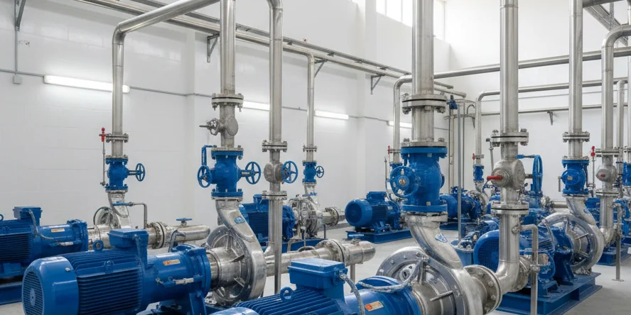Caprari surface pump installation with blue industrial pumps and piping