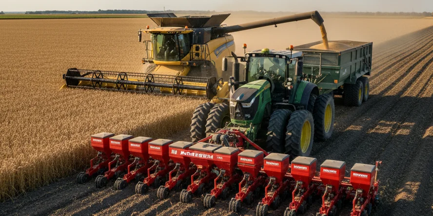 MONOSEM precision planter and FieldKing harvester in Egyptian farm field