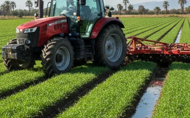 Modern farm tractor working in a green agricultural field in Egypt