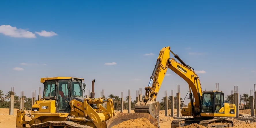Heavy construction equipment at work in Egypt - bulldozer and excavator on desert construction site