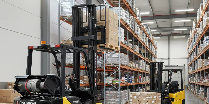 Mitsubishi forklifts in an industrial warehouse setting - diesel and electric models